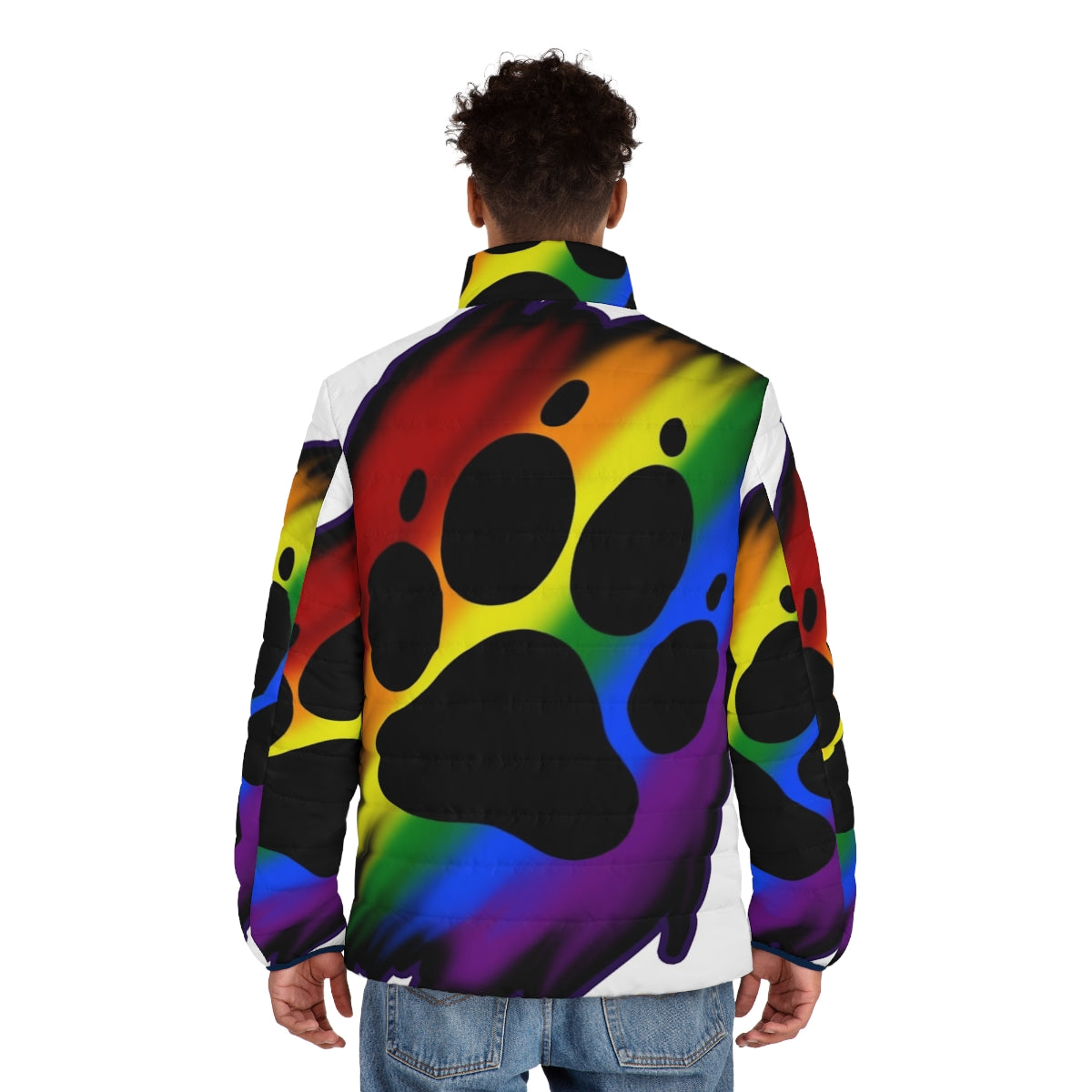 Colorful and cozy rainbow puffer jacket with animal paw design - men back