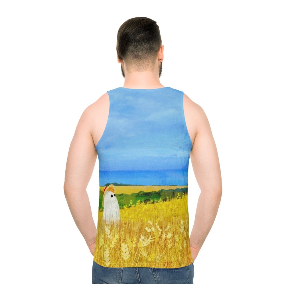 Unisex tank top with a ghost in a wheat field design - men back