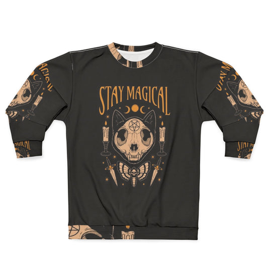 Stay Magical Occult Sweatshirt with Cat Skull, Skeleton, and Moon Imagery