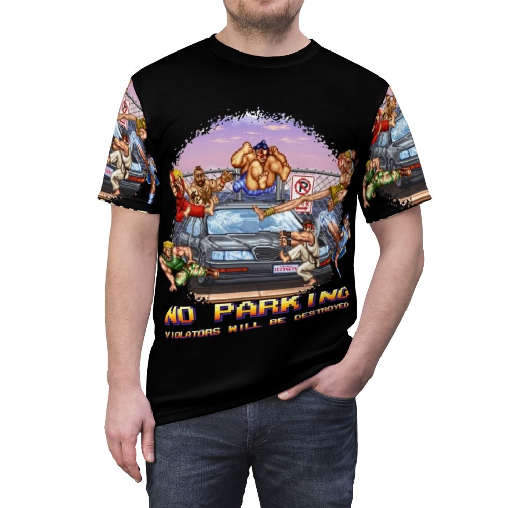 Retro 8bit style graphic t-shirt featuring a "No Parking - Violators Will Be Destroyed" message - men front