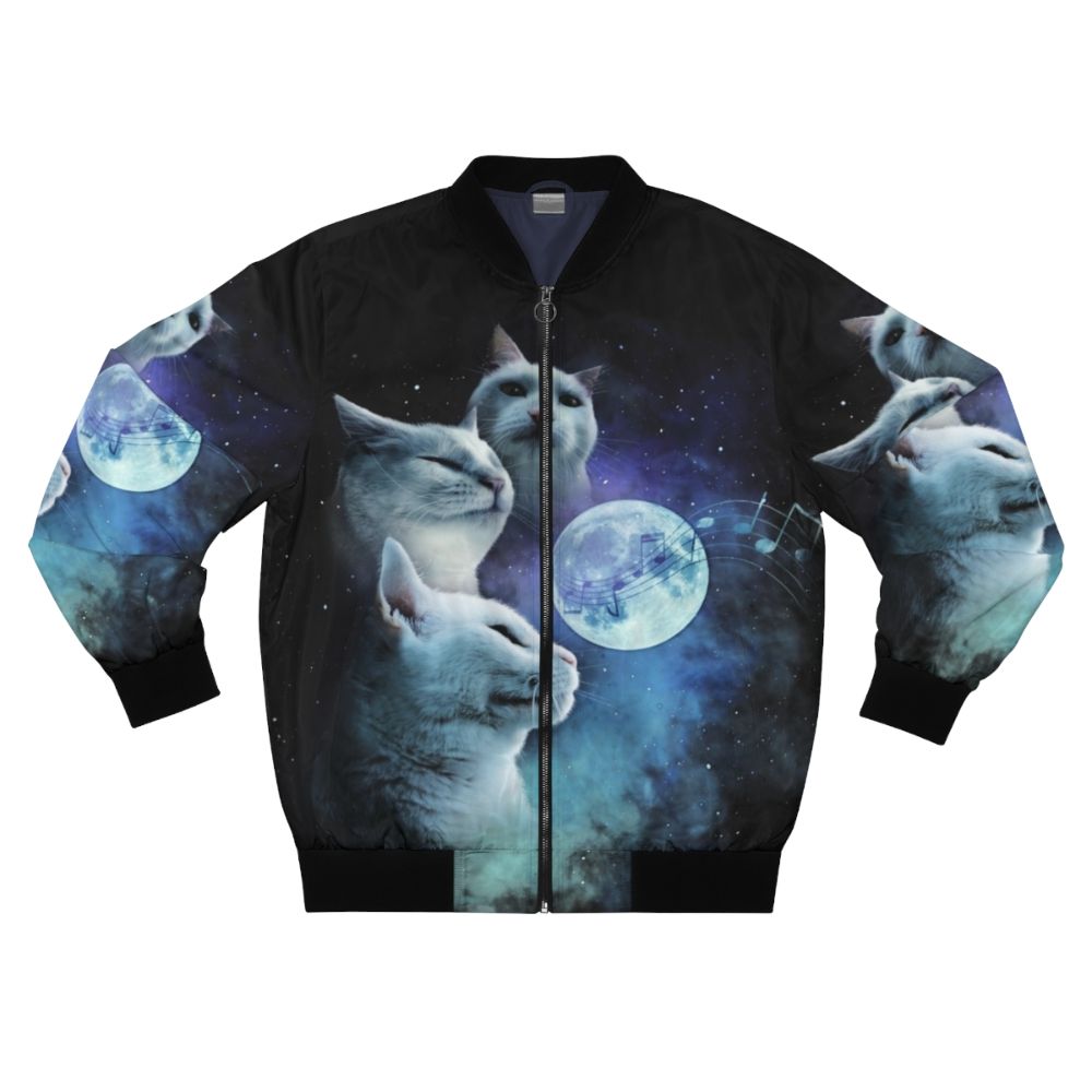 A bomber jacket featuring a vibrant design of cats vibing against a cosmic galaxy background, with a three-cat moon motif.