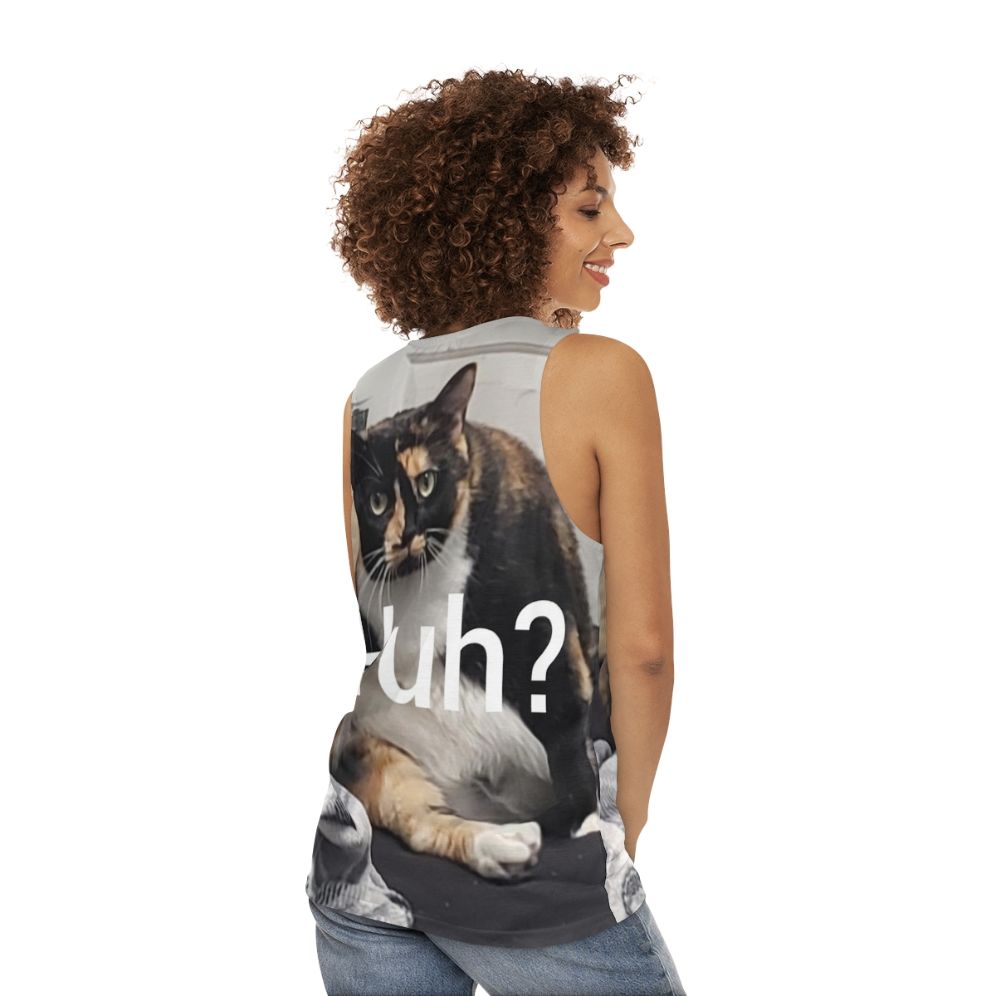 Unisex funny cat "Huh" tank top - women back