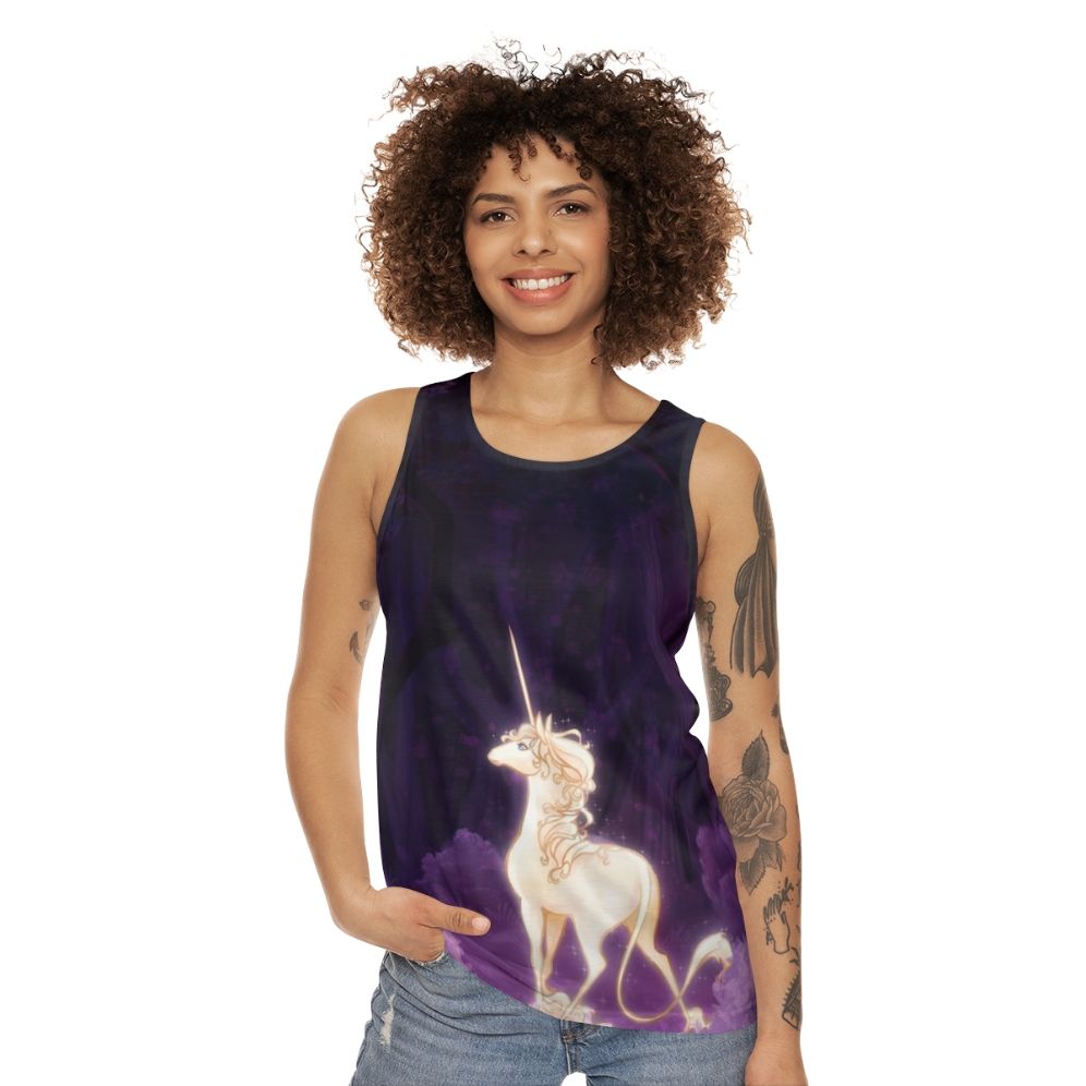 Unisex tank top with a unicorn in a lilac woodland design - women