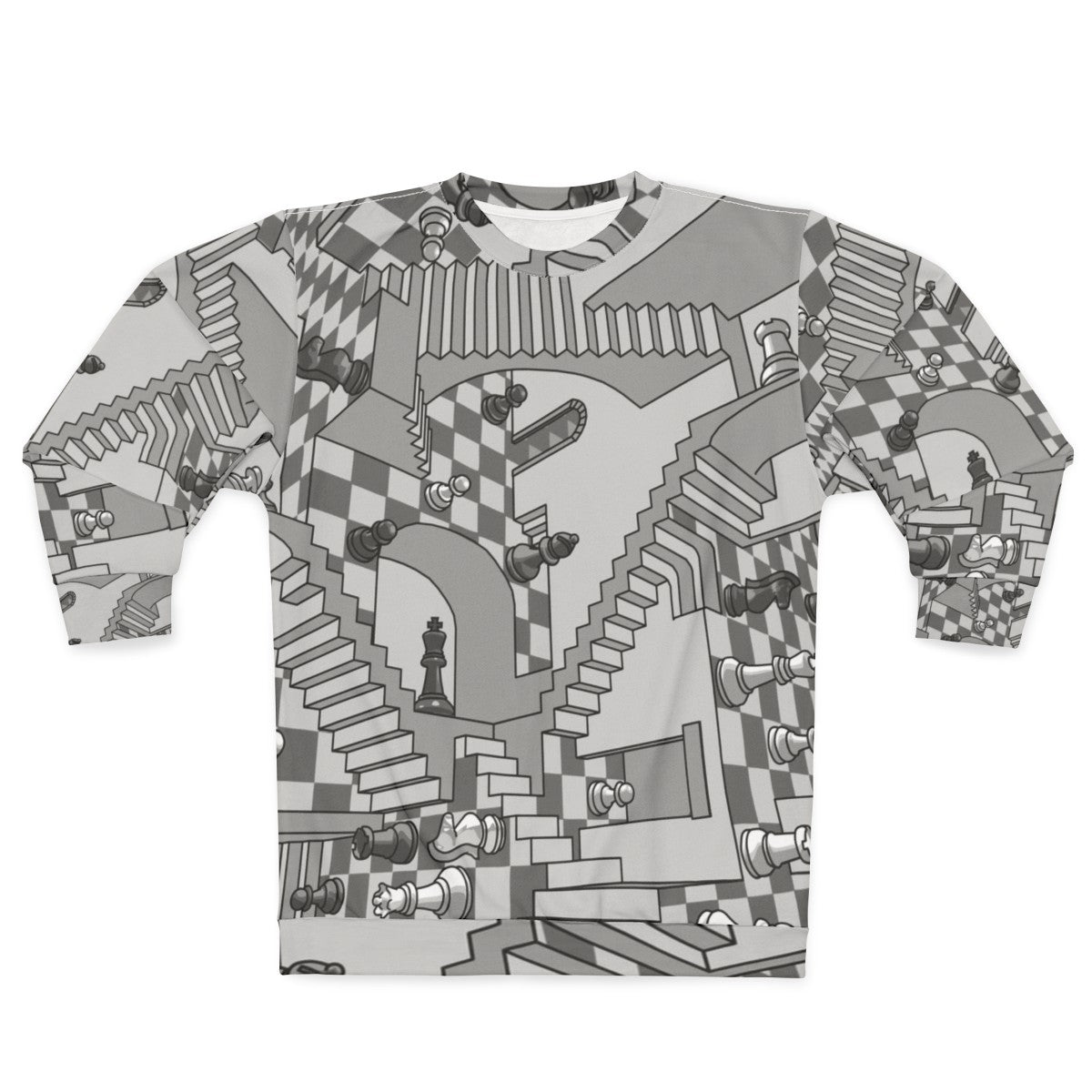 Check Dimension Sweatshirt with Chess and Geometric Pattern Design