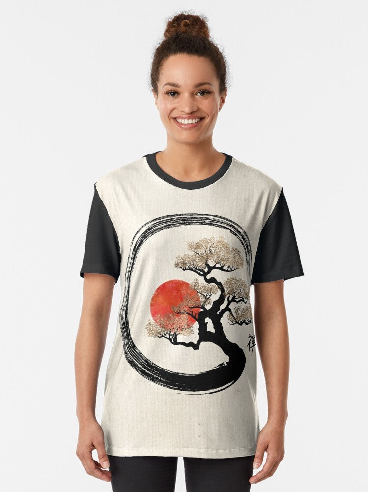 Minimalist graphic t-shirt featuring an enso circle and bonsai tree design. - Women