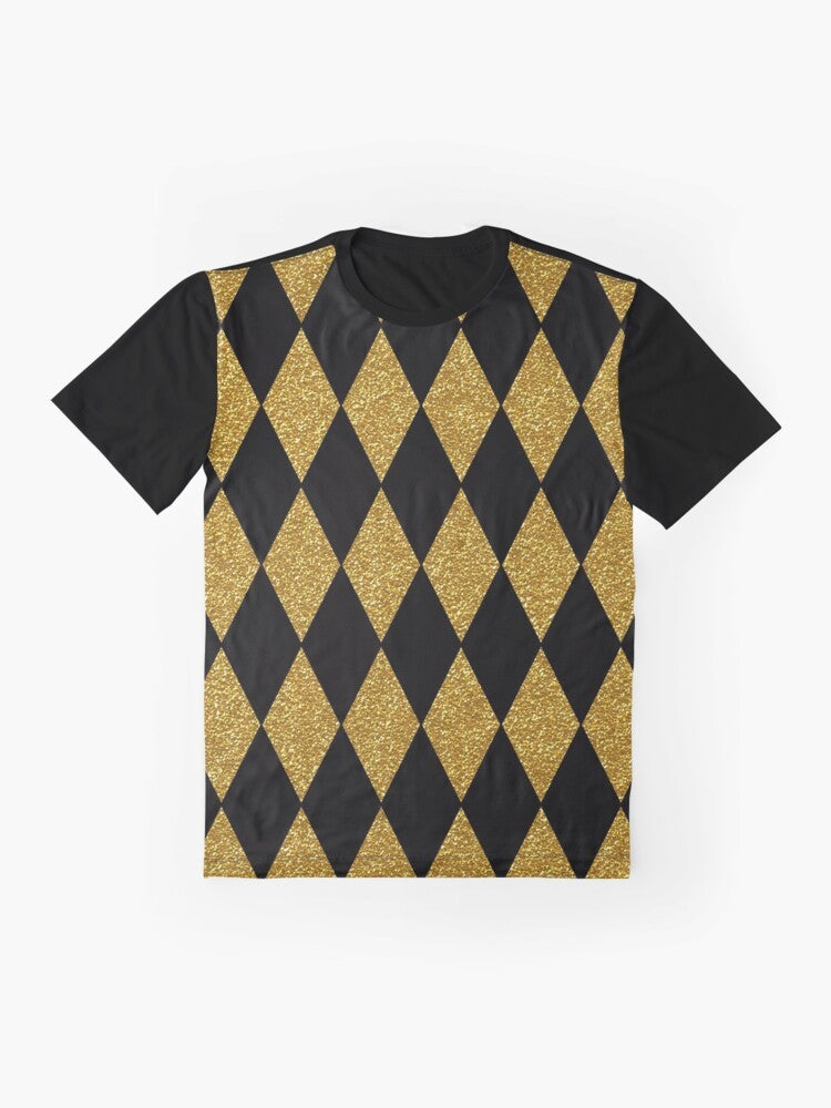 Model wearing a black and gold harlequin graphic t-shirt with a diamond pattern design - Flat lay