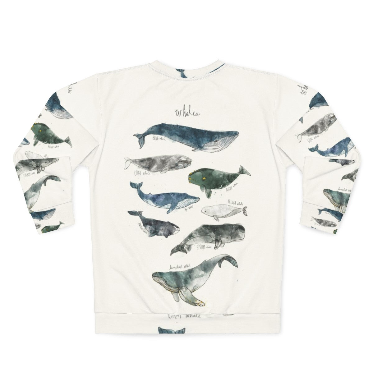 Watercolor whales sweatshirt featuring humpback and beluga whale designs - Back