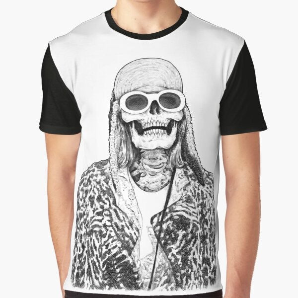 A graphic t-shirt featuring a skull design inspired by Kurt Cobain and Nirvana's grunge music.