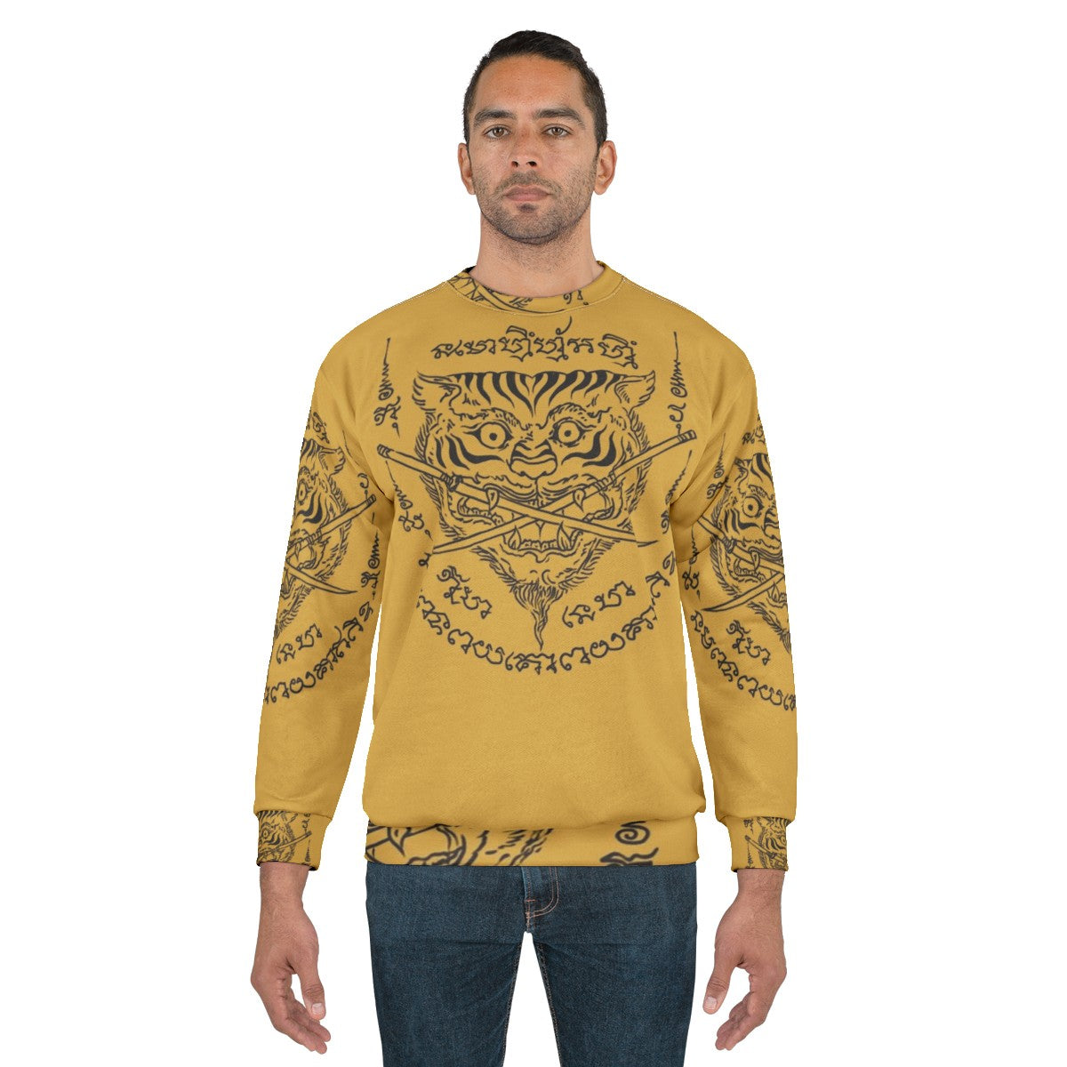 Traditional Thai Tattoo Tiger Swords Emblem Sweatshirt - men