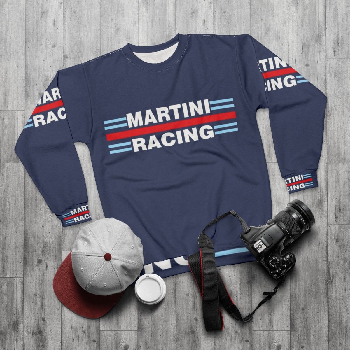 Vintage Martini Racing Sweatshirt featuring classic motorsport design - flat lay