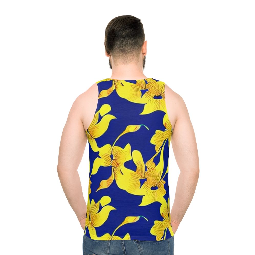 Abstract yellow floral pattern on blue unisex tank top - men back