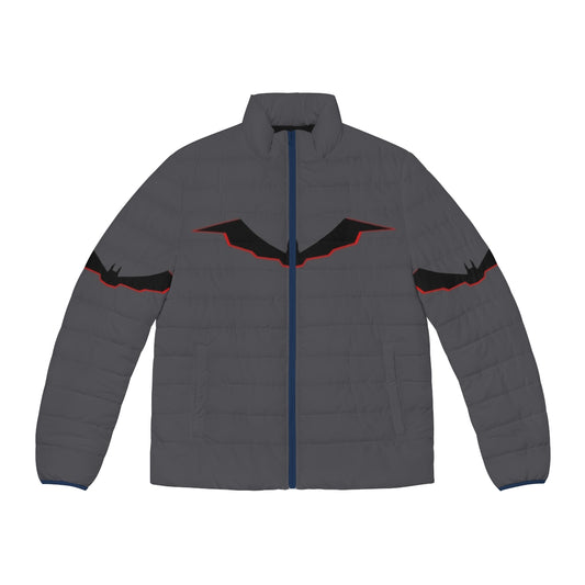 Bat Symbol Puffer Jacket featuring the iconic bat symbol from the DC Comics universe