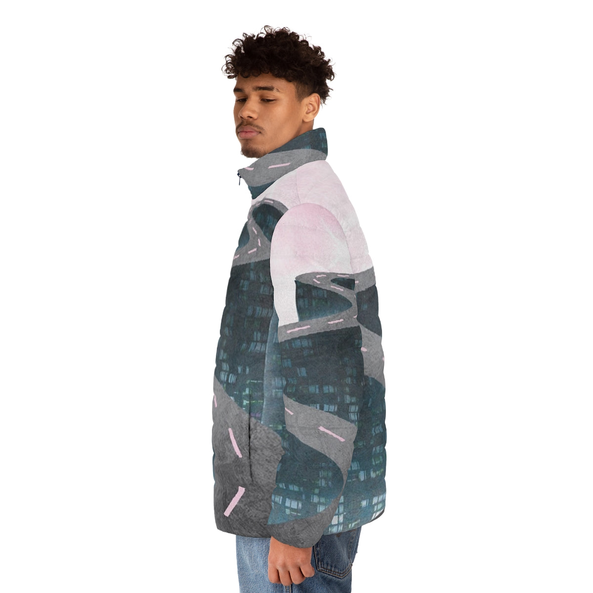 Retro futuristic "A Million Miles Away" puffer jacket with vaporwave and cyberpunk aesthetics - men side left