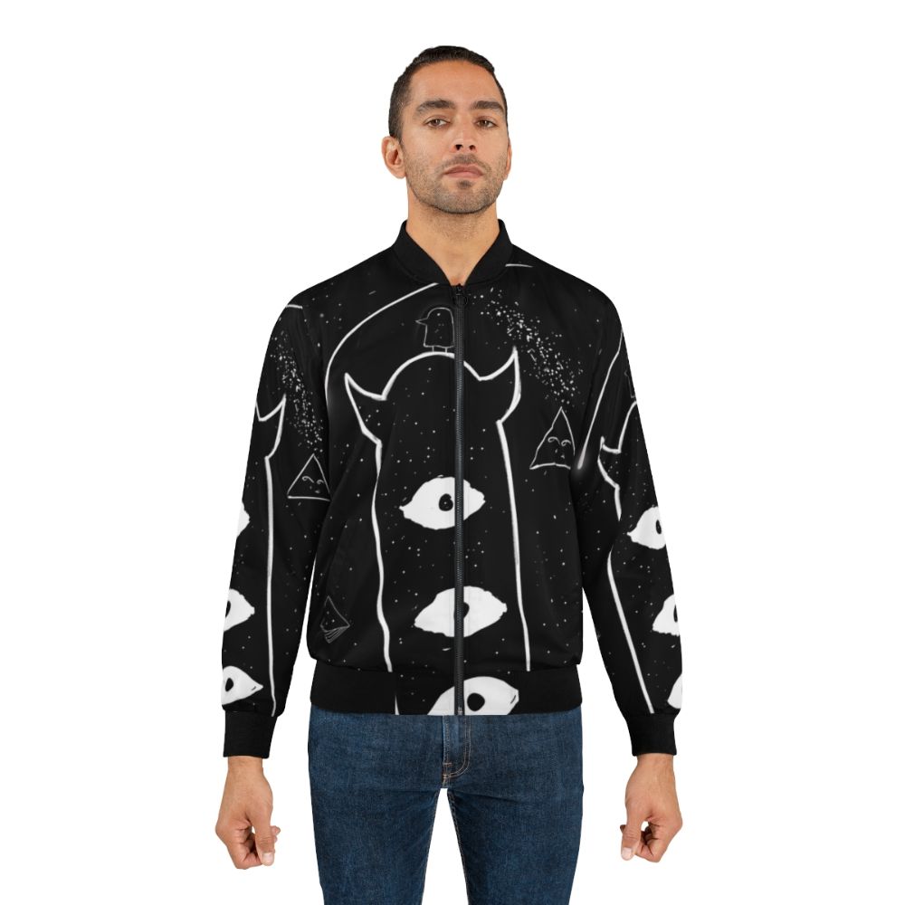 Punpun anime bomber jacket featuring black and white space-inspired graphics - Lifestyle