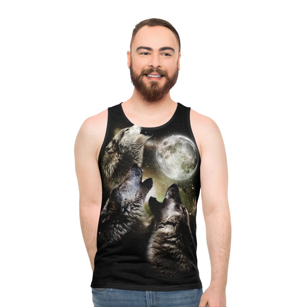 Three wolves howling at the moon on a unisex tank top - men