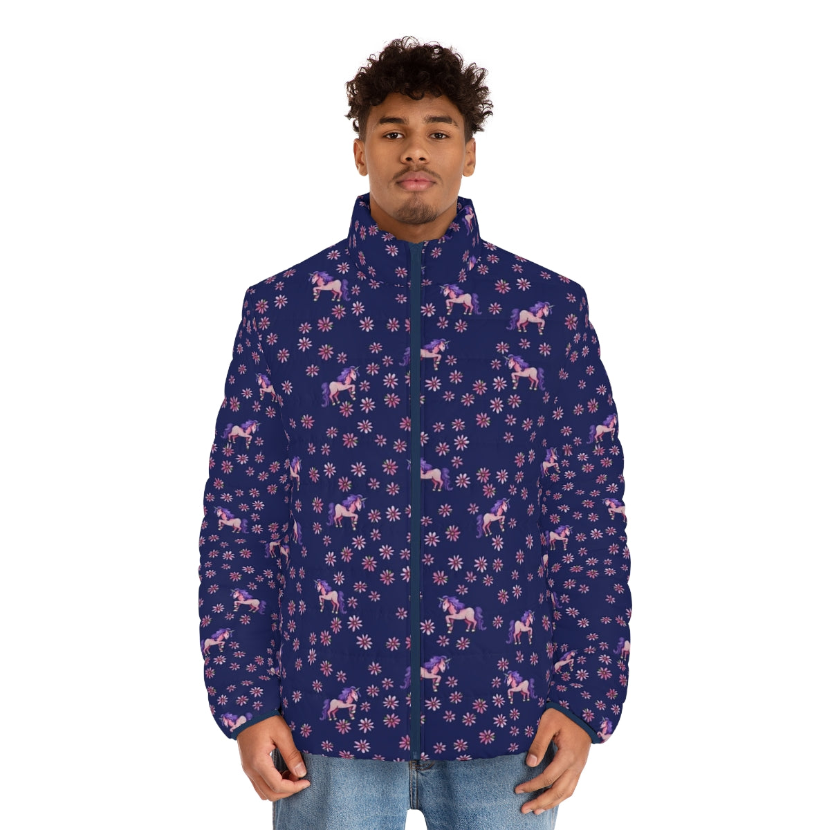 A vibrant puffer jacket featuring a magical unicorn and floral print design - men front