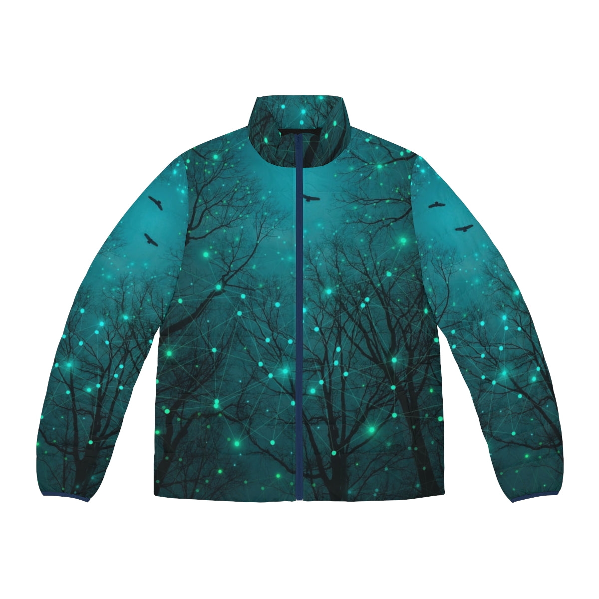 Puffer jacket featuring a glow-in-the-dark design of abstract tree silhouettes against a starry night sky