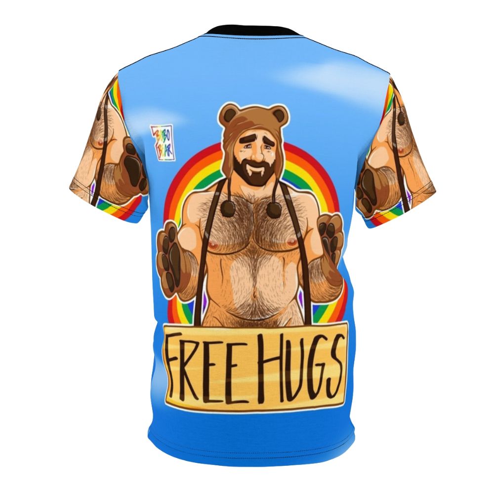 Vibrant graphic t-shirt featuring the text "Adam Likes Hugs" in a rainbow design for gay pride. - Back