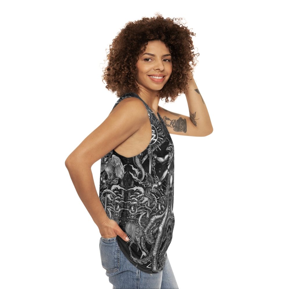 Unisex tank top with gothic, occult, and supernatural design - women side