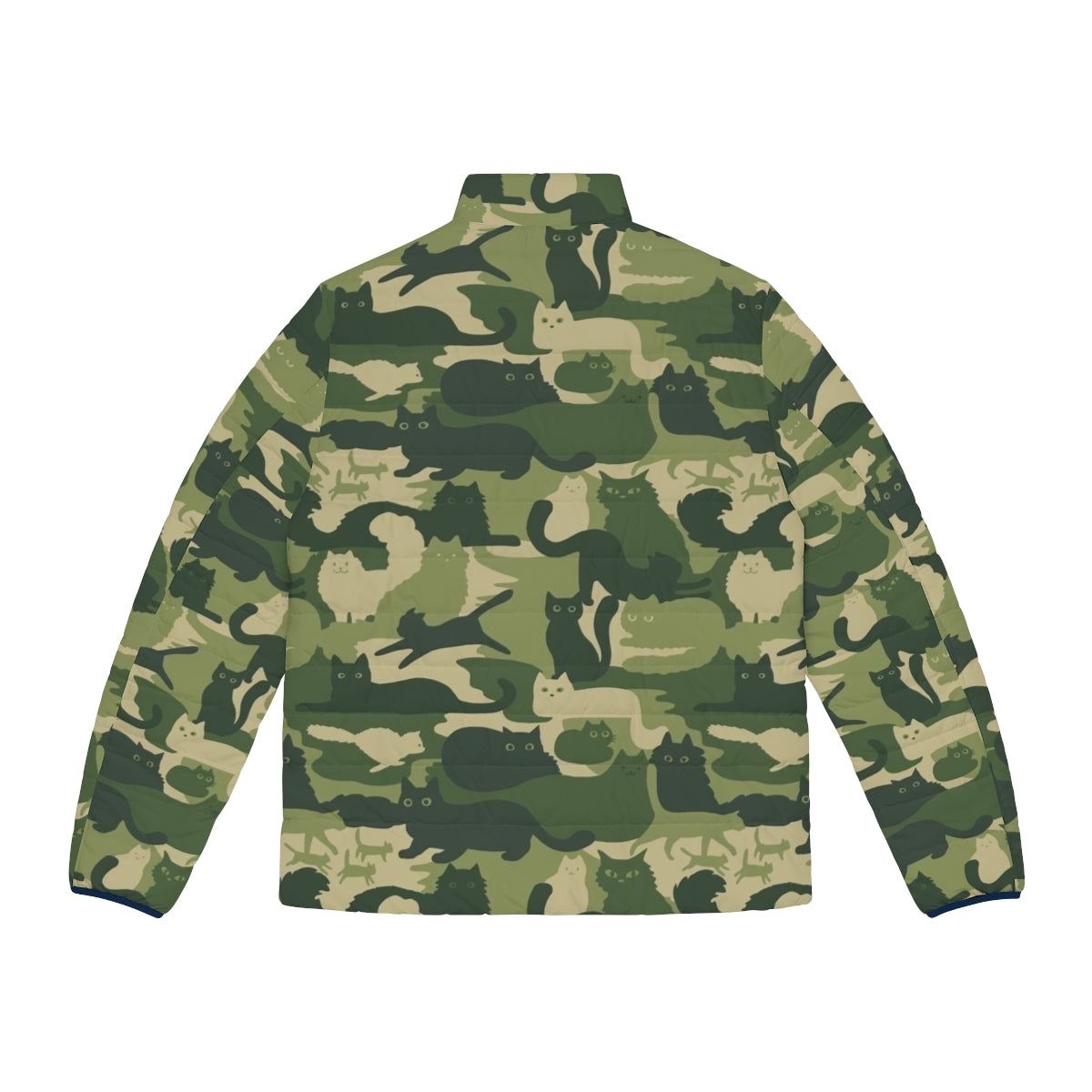 Army green camouflage puffer jacket with funny cat silhouette pattern - Back