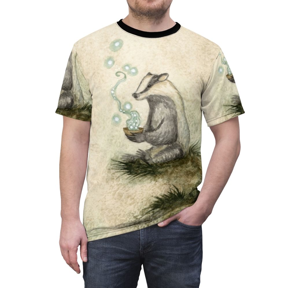 Illustration of a magical badger on a fantasy t-shirt design - men front