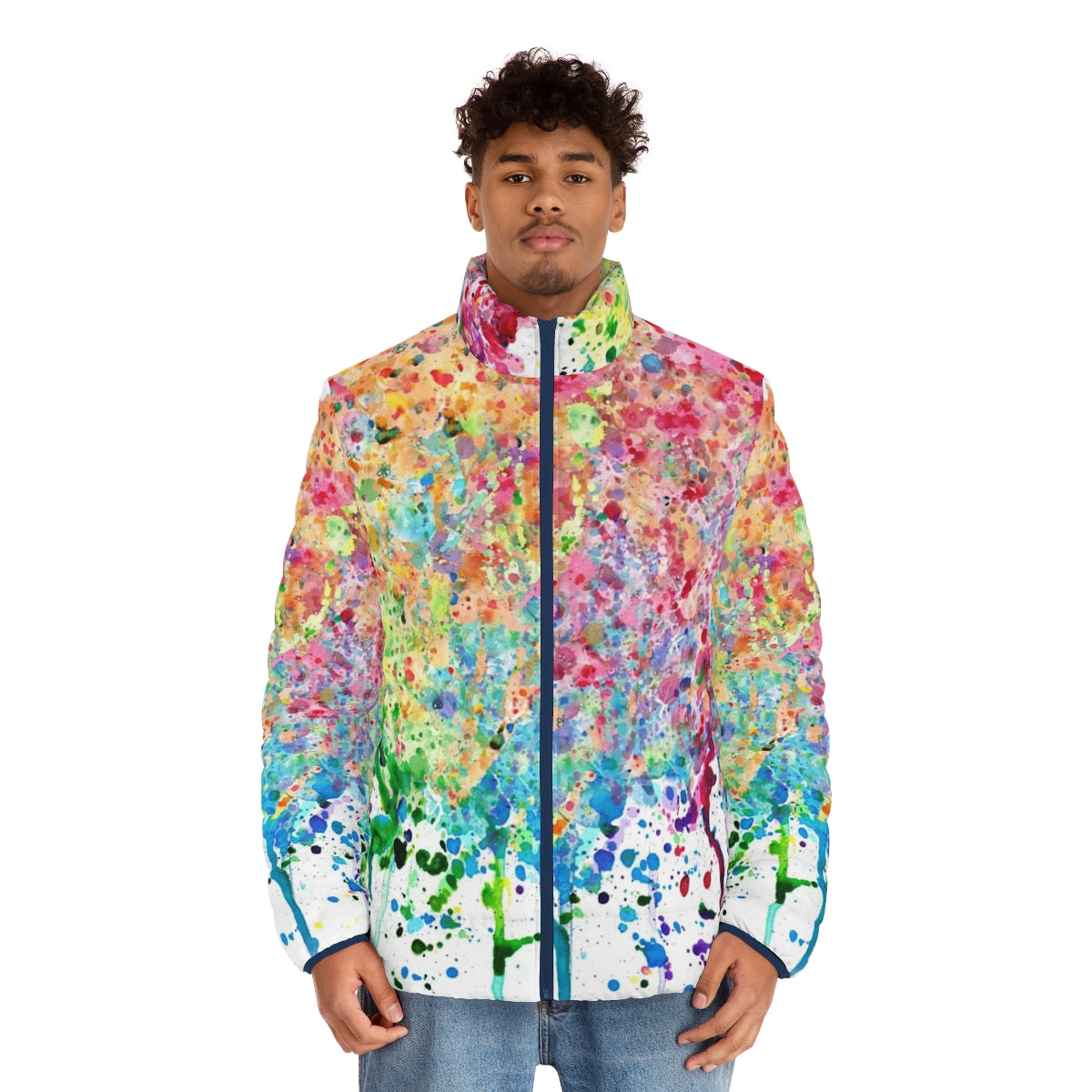 Colorful rainbow paint splatter puffer jacket - men front