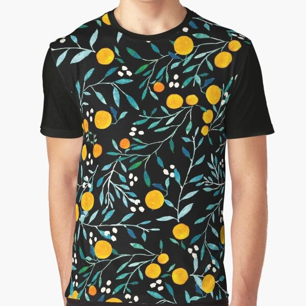 Watercolor floral pattern with vibrant oranges on a black graphic t-shirt