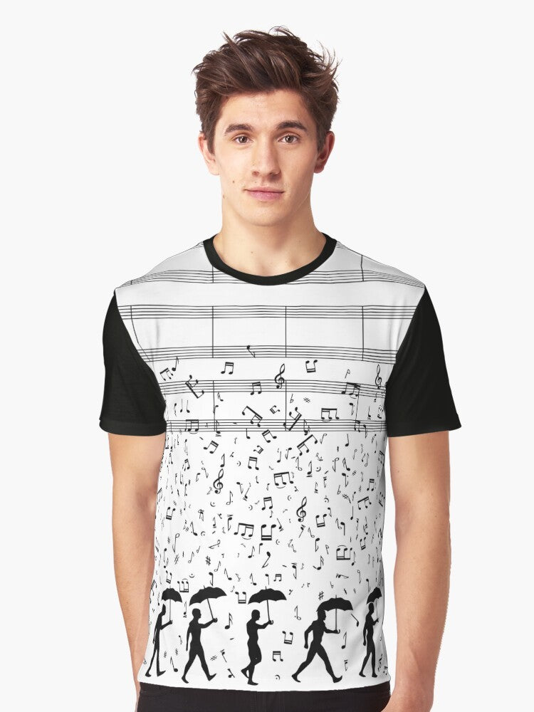 Graphic T-shirt featuring a silhouette of a person singing in the rain, with musical notes and sheets in the background. - Men