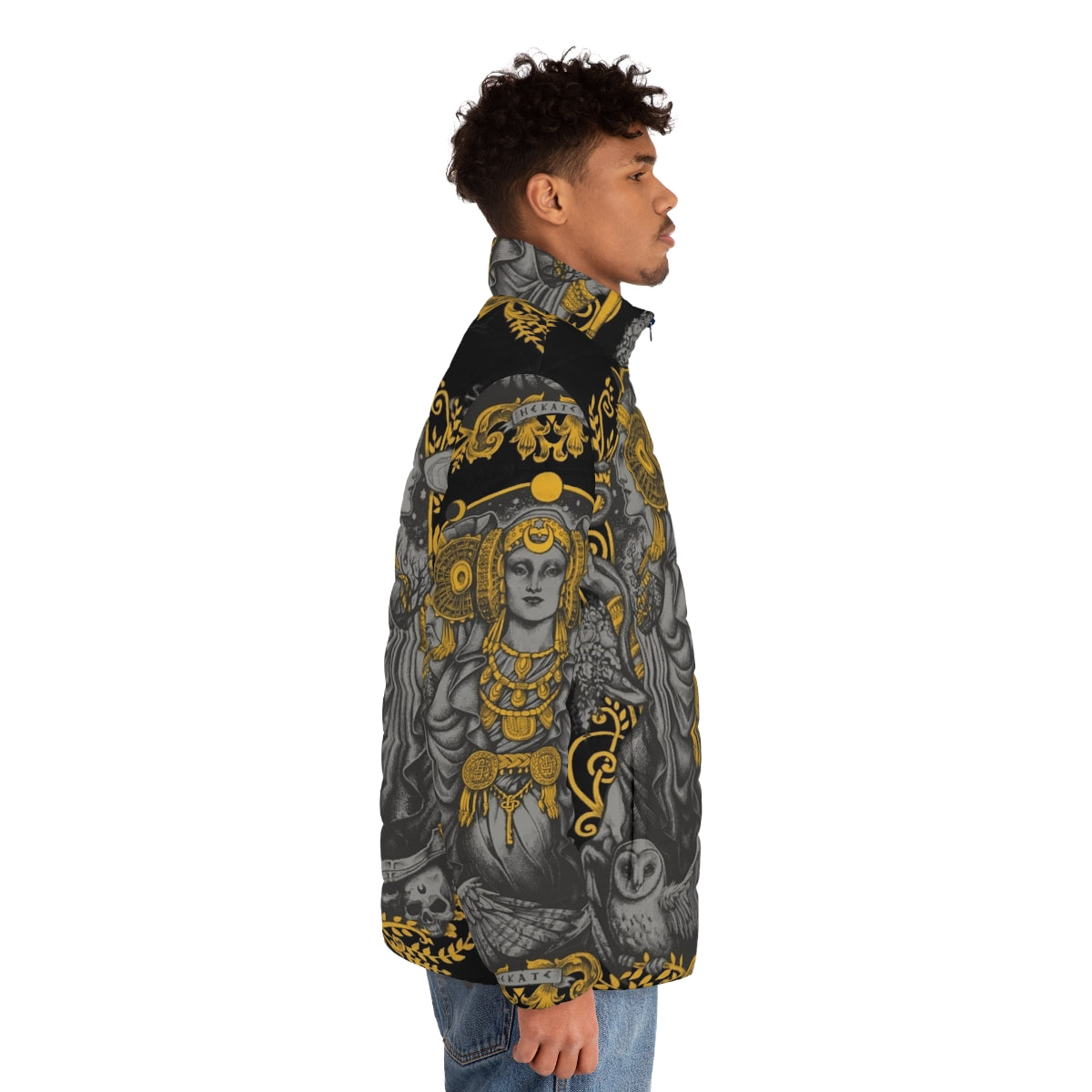 Iberian Hecate Gray Puffer Jacket featuring the iconic Lady of Elche and Hecate symbolism - men side right