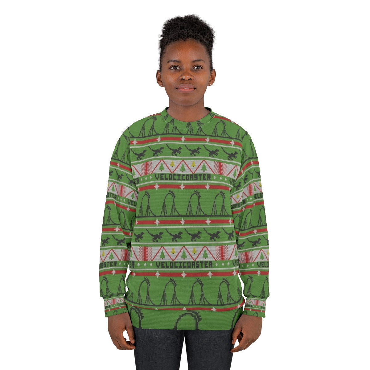 Velocicoaster Ugly Christmas Sweater Sweatshirt with Dinosaur and Roller Coaster Theme - women