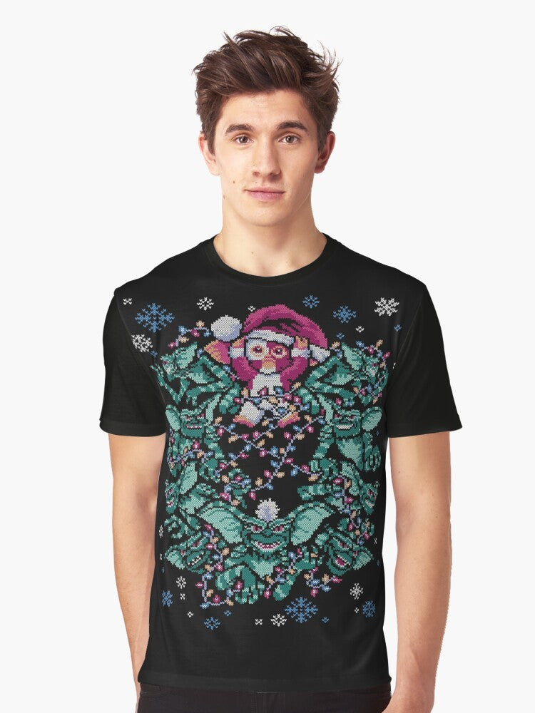 Gremlins Christmas graphic t-shirt featuring Gizmo the Mogwai in a classic 80s holiday design - Men