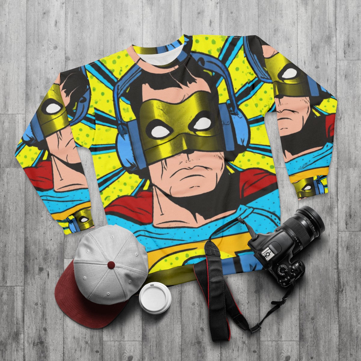 Superhero wearing headphones graphic tee sweatshirt - flat lay