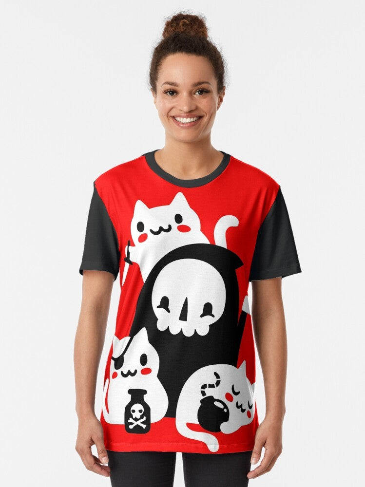 Funny cat graphic t-shirt with a grim reaper and skull design - Women