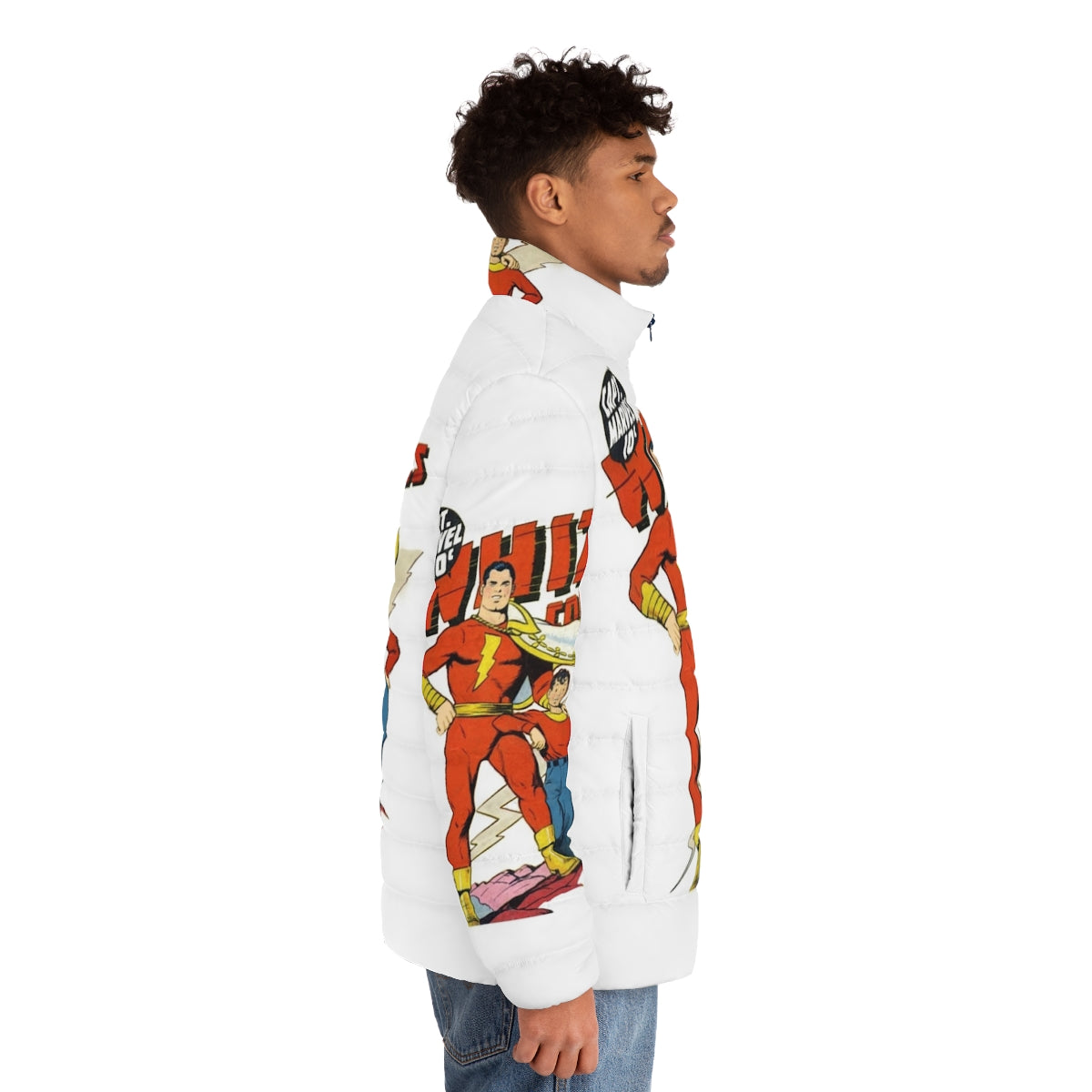 Golden age comic book superhero puffer jacket - men side right