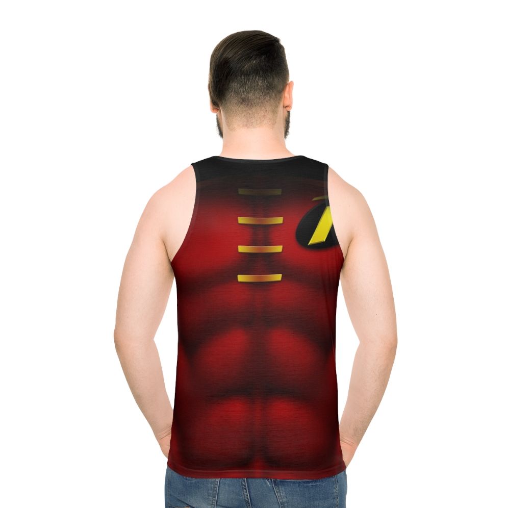 Superhero art unisex tank top with Robin design - men back