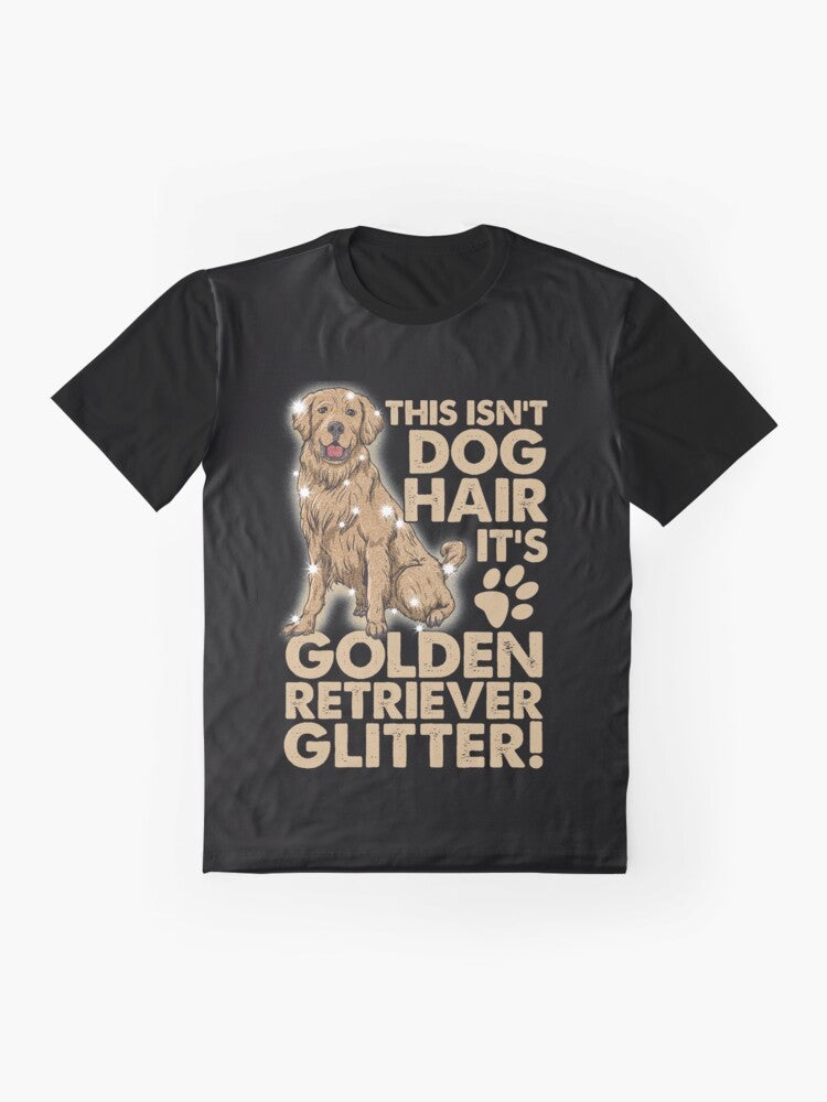 A golden retriever dog wearing a glittery graphic t-shirt - Flat lay