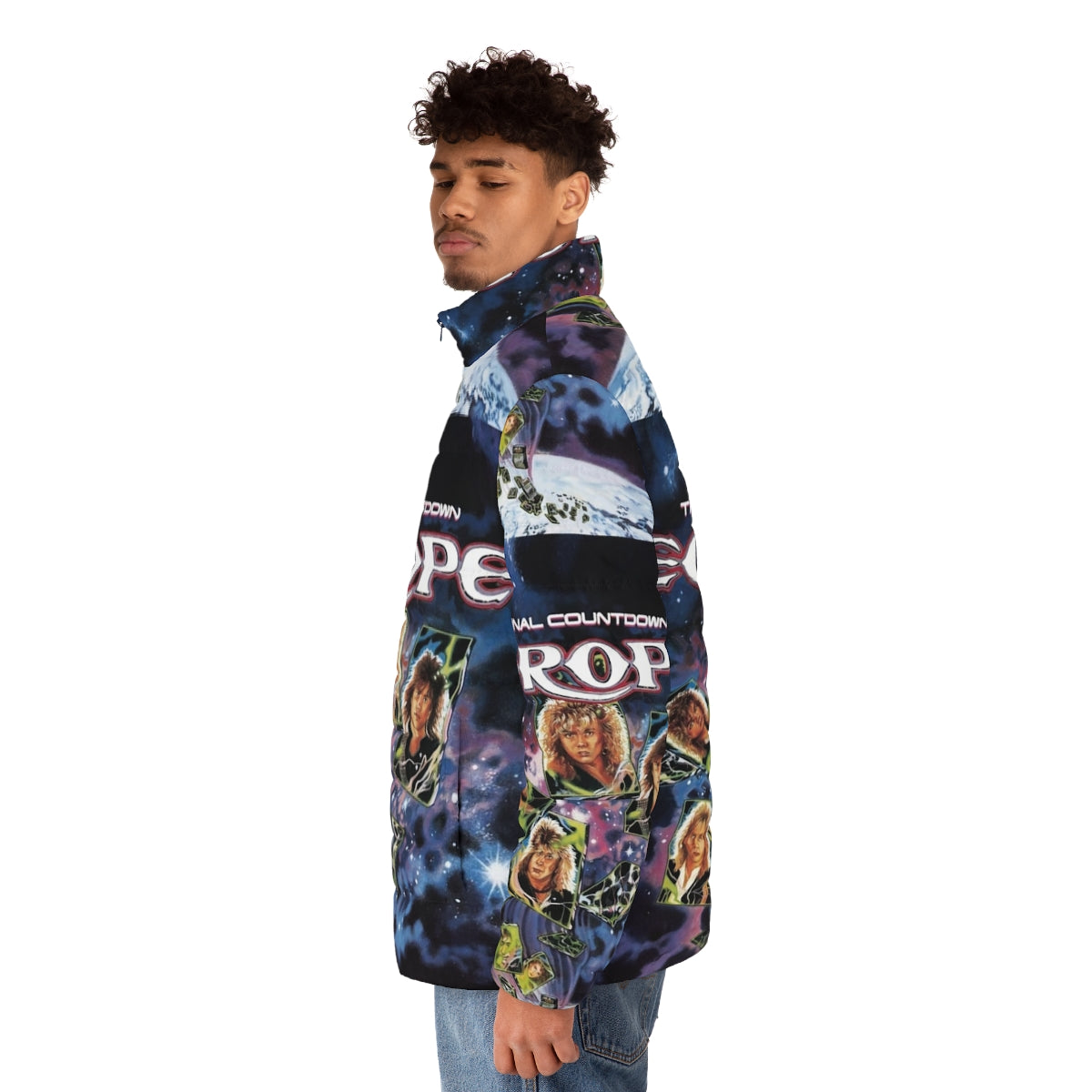 Puffer jacket featuring the War of Kings Europe band logo - men side left