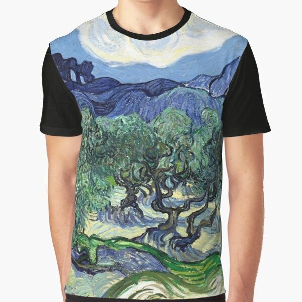 "Vincent Van Gogh's Masterpiece 'Olive Trees with the Alpilles in the Background' Printed on a Graphic T-Shirt"