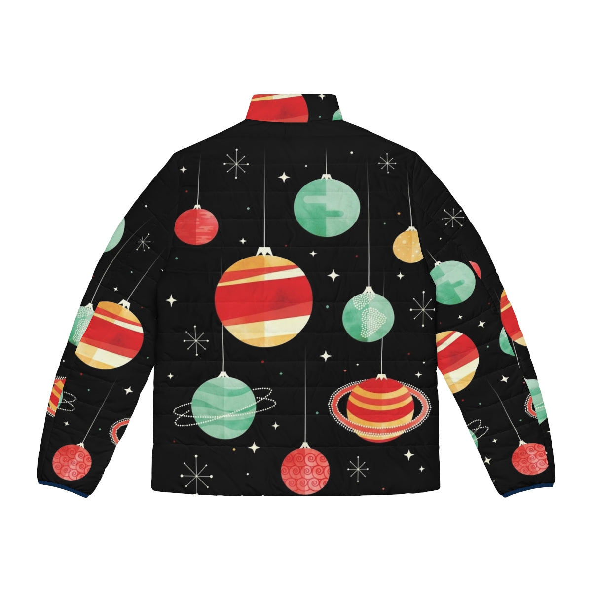 Puffer jacket with a vintage, celestial design featuring planets, stars, and the solar system - Back