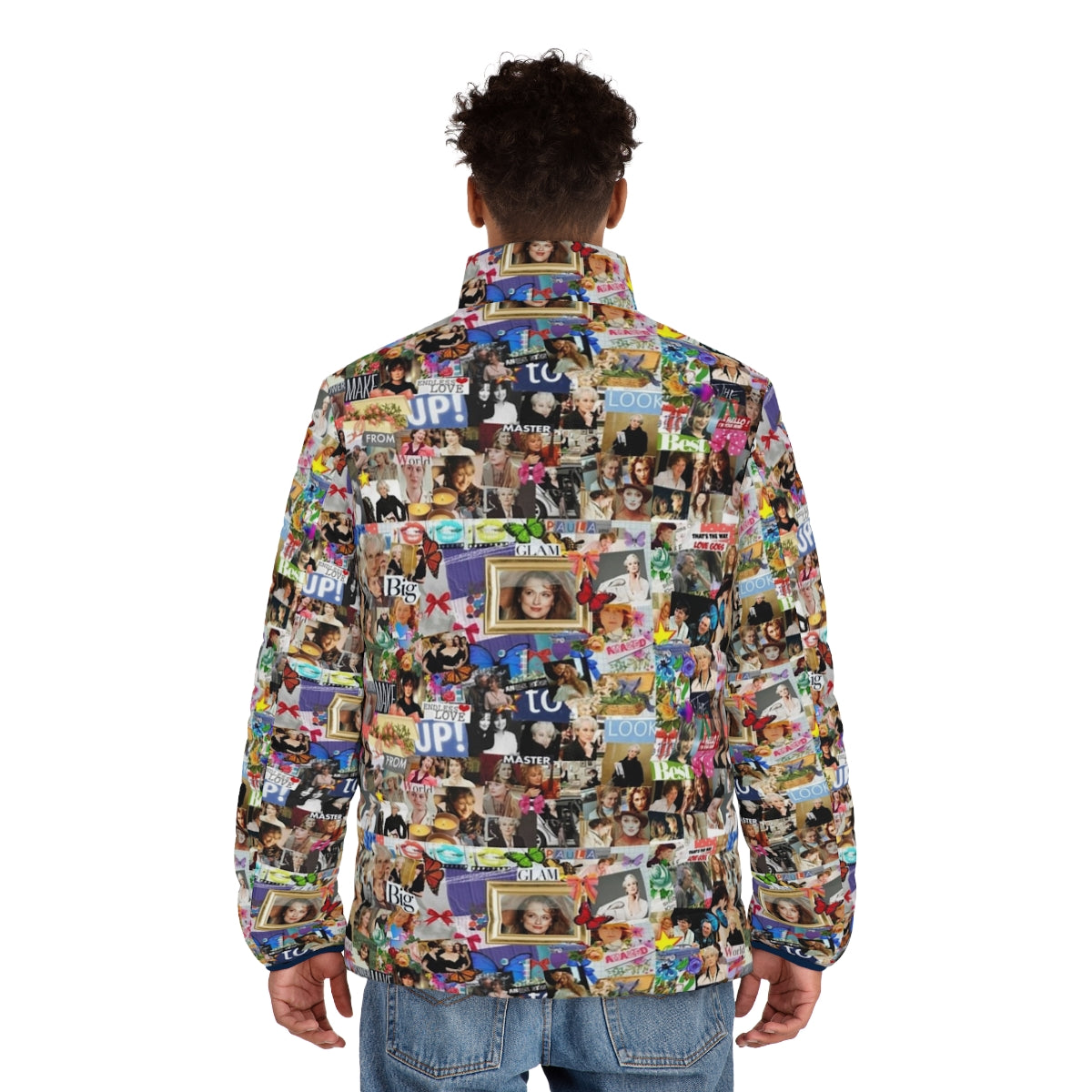 Meryl Streep Collage Puffer Jacket featuring a vibrant photographic collage of the iconic actress - men back