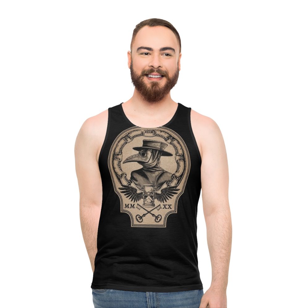 Vintage plague doctor unisex tank top with raven, hourglass, and roman numerals design - men