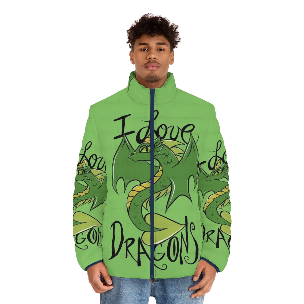 Puffer jacket with a whimsical dragon design, perfect for fantasy and animal lovers - men front