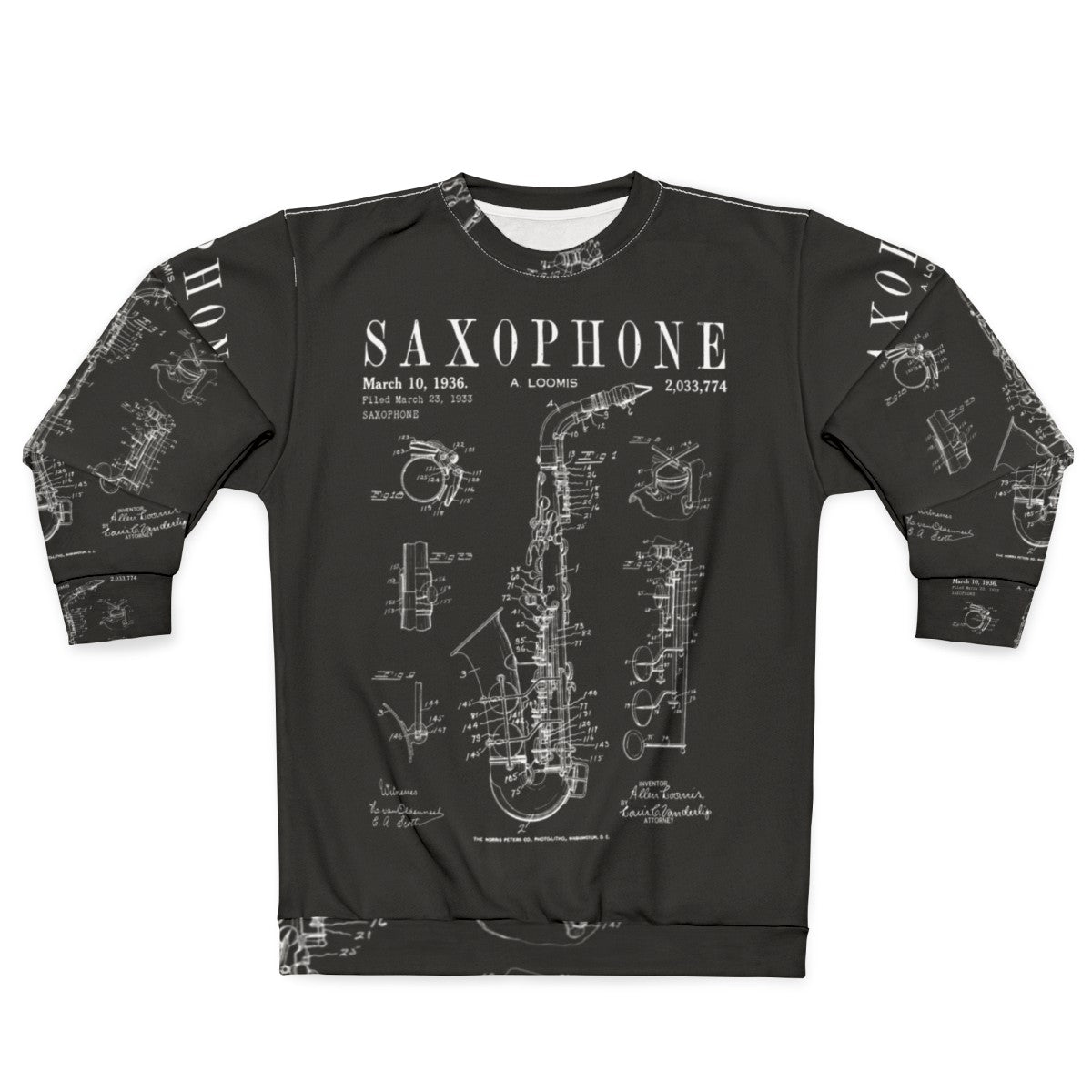 Vintage saxophone patent drawing print on sweatshirt