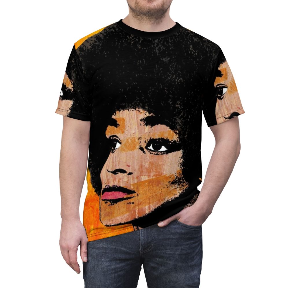 Vibrant pop art style t-shirt design featuring the portrait of political activist Angela Davis - men front