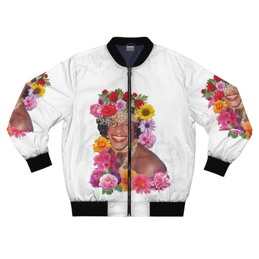 Marsha P. Johnson Floral Pride Bomber Jacket featuring a colorful floral design and "Marsha P. Johnson" text