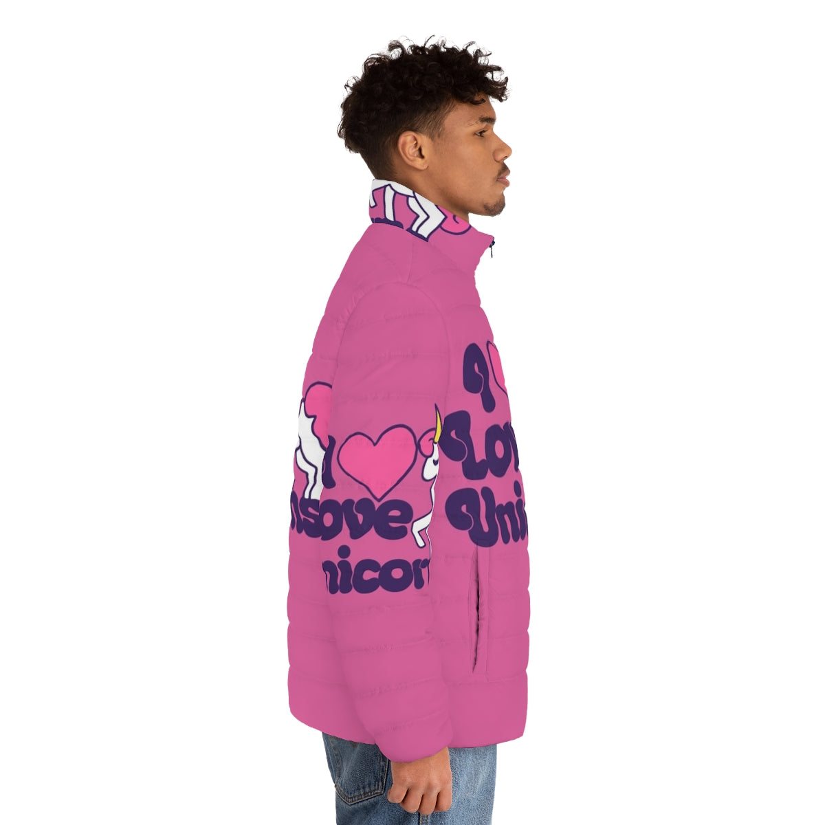 Vibrant puffer jacket featuring a colorful unicorn graphic design - men side right