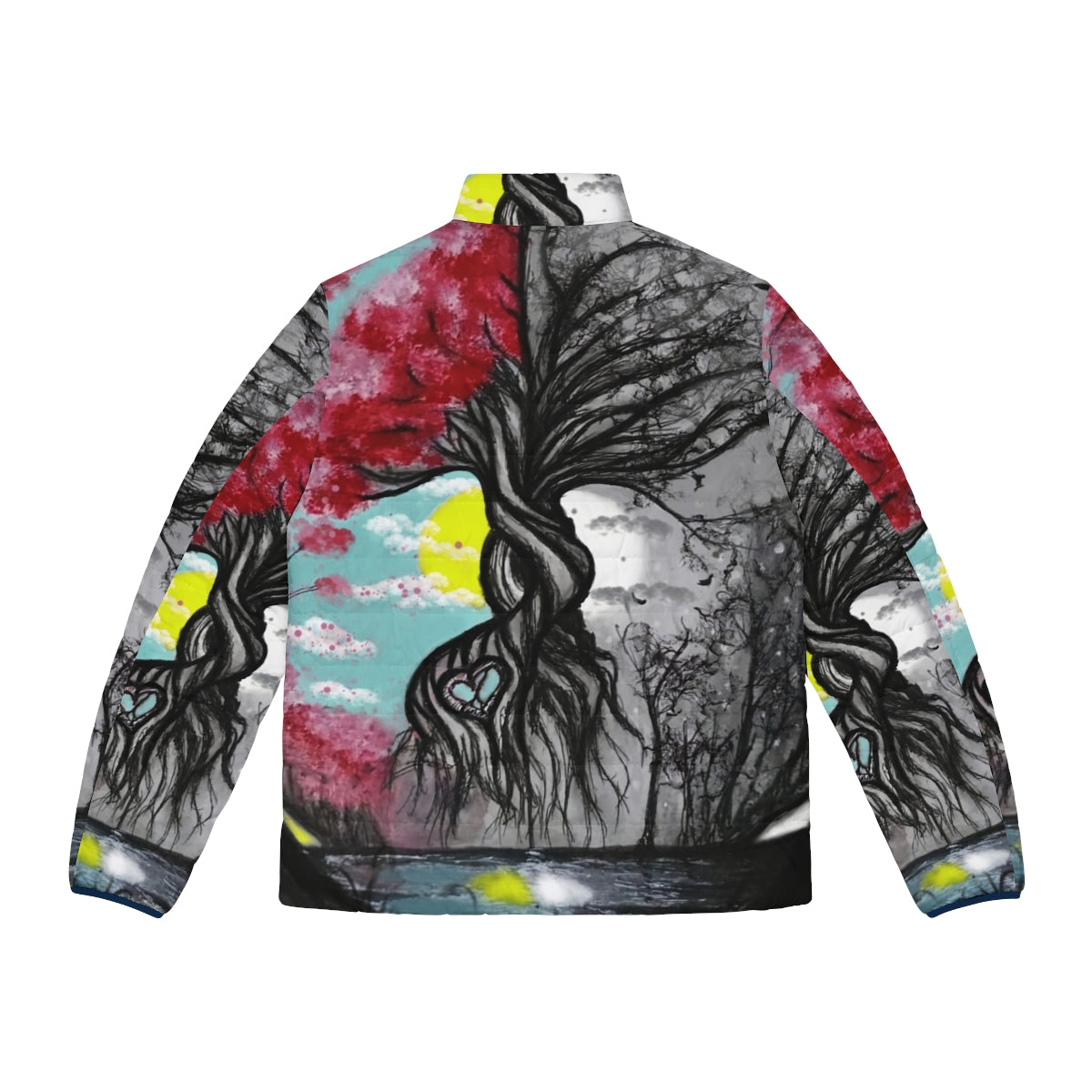 A puffer jacket featuring the symbolism of the Tree of Life, representing the circle of life. - Back