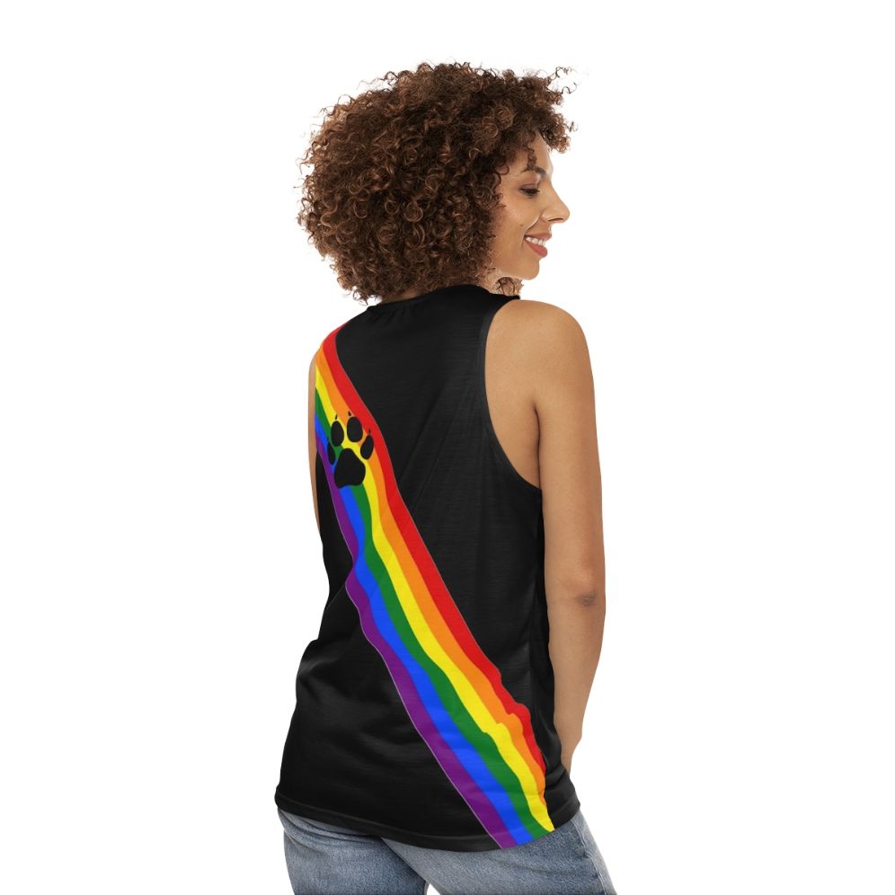 Unisex rainbow pup sash tank top for LGBTQ+ pride - women back