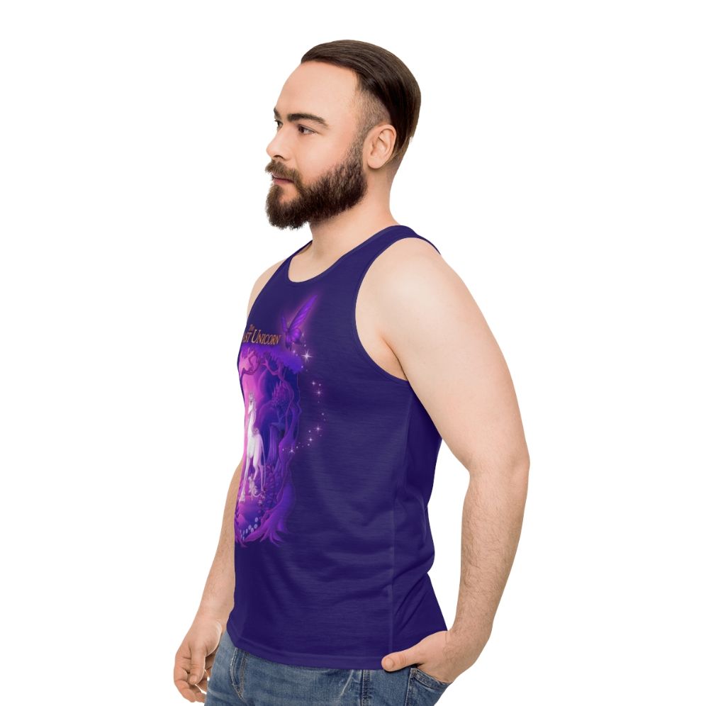 Unisex tank top featuring the last unicorn in a lilac wood - men side