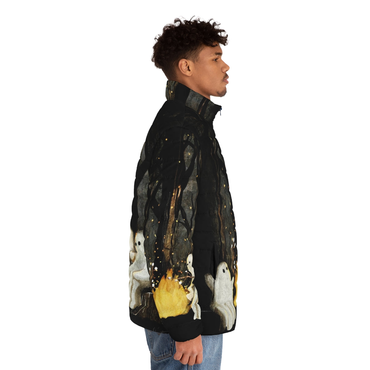 A cozy and whimsical puffer jacket featuring marshmallows and ghost stories for a spooky campfire experience - men side right